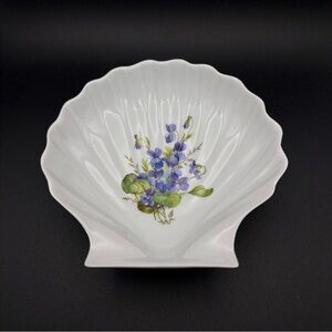 Rochard Limoges France Clam Shell Trinket Dish Porcelain Purple Pansies Flowers